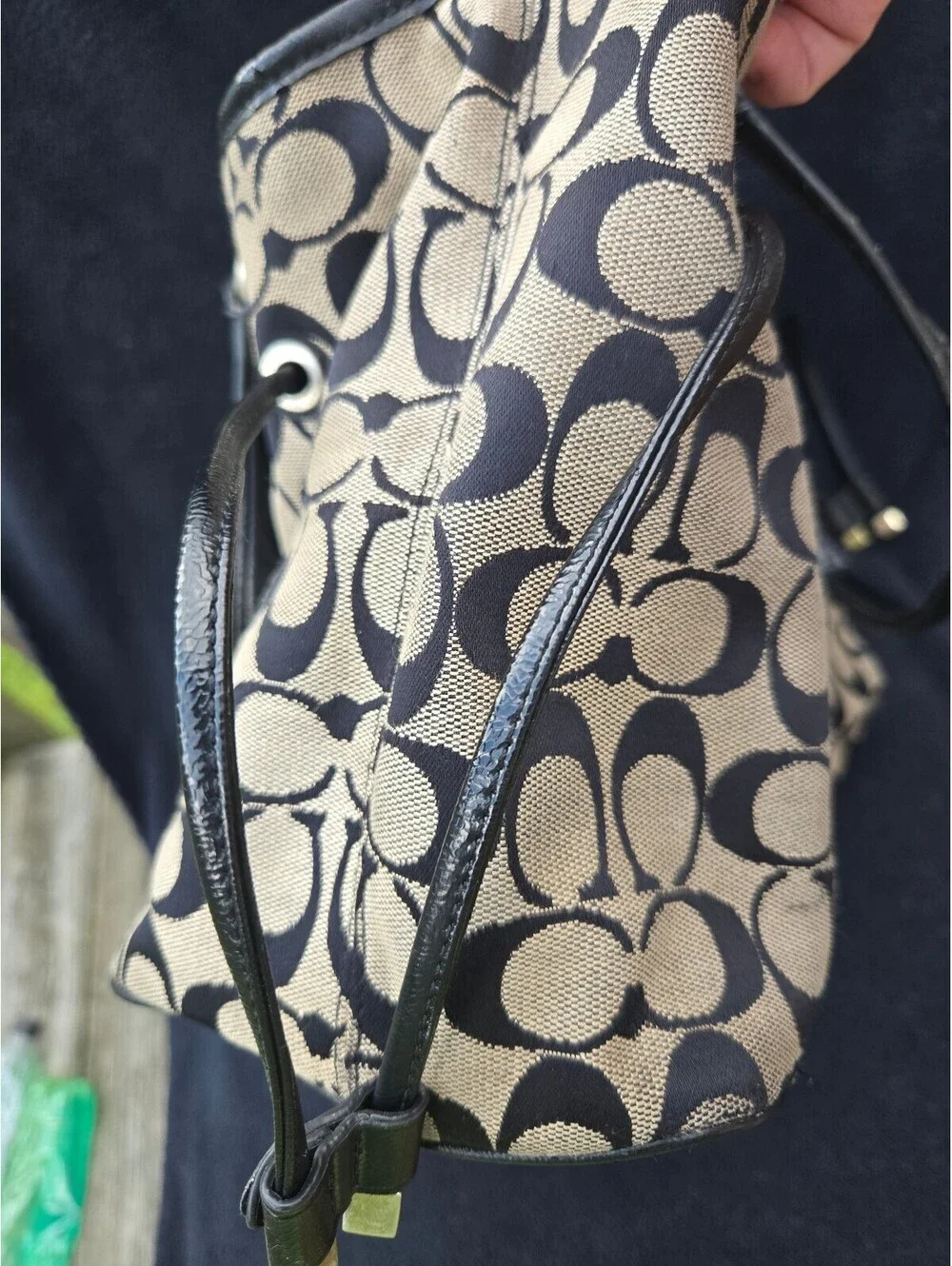 Coach F28501 Signature Tote Bag Khaki Black Canvas Leather Shoulder Purse